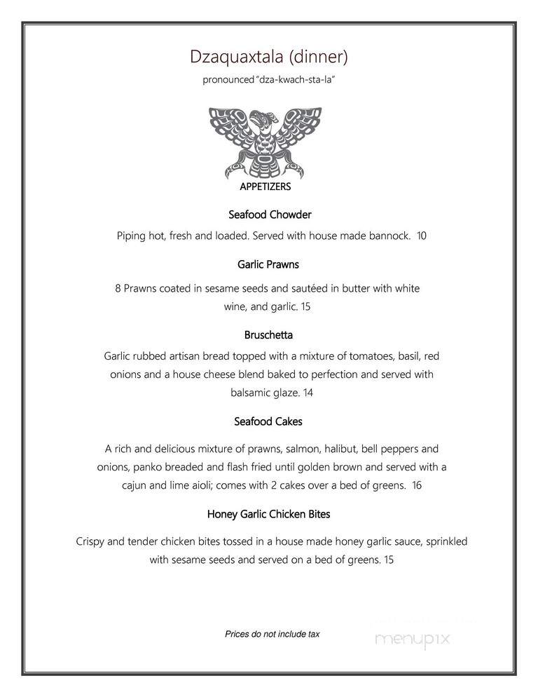 Tsa-Kwa-Luten Oceanfront Resort at Cape Mudge - Quadra Island, BC menu_pic