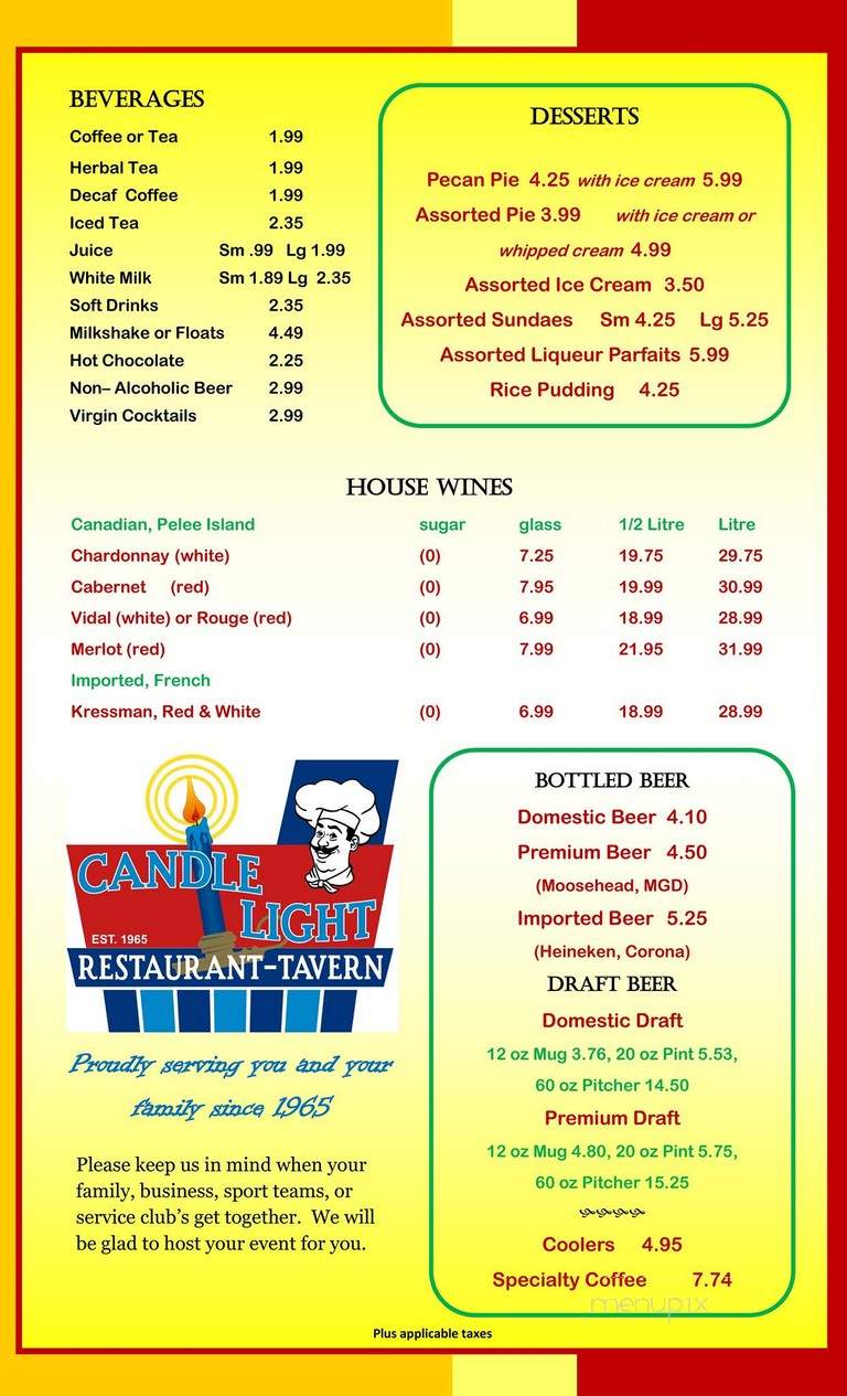 Menu of Candlelight Restaurant And Tavern in Goderich, ON N7A 3G7