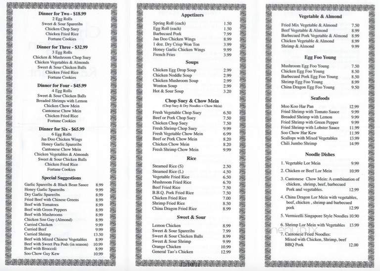 China Dragon Restaurant & Tavern - Niagara Falls, ON menu_pic