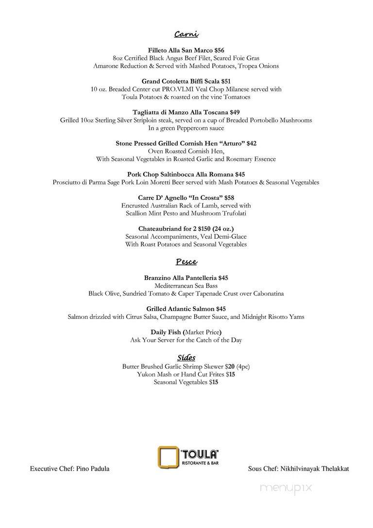 Toula Ristorante & Bar - Toronto, ON menu_pic