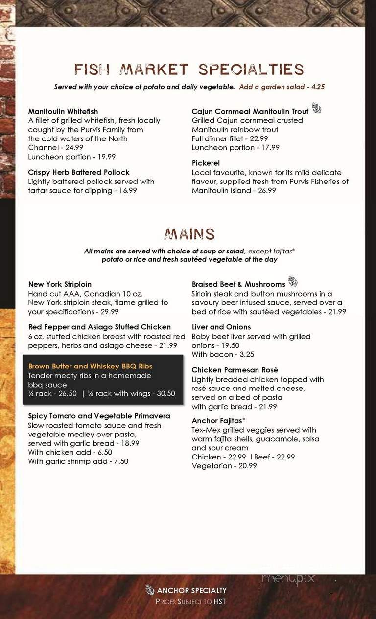 Anchor Inn Hotel - Little Current, ON menu_pic