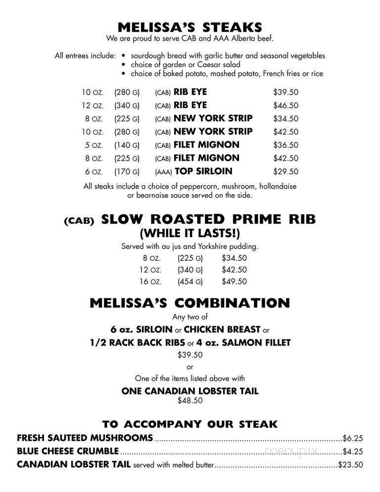 Melissa's Restaurant & Bar - Banff, AB menu_pic