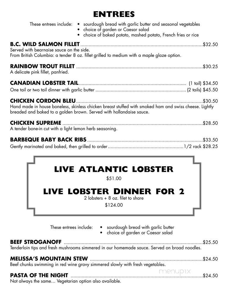 Melissa's Restaurant & Bar - Banff, AB menu_pic