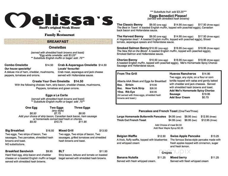 Melissa's Restaurant & Bar - Banff, AB menu_pic