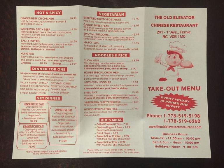The Old Elevator - Fernie, BC menu_pic