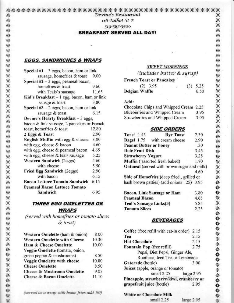 Devine's Restaurant - Jarvis, ON menu_pic