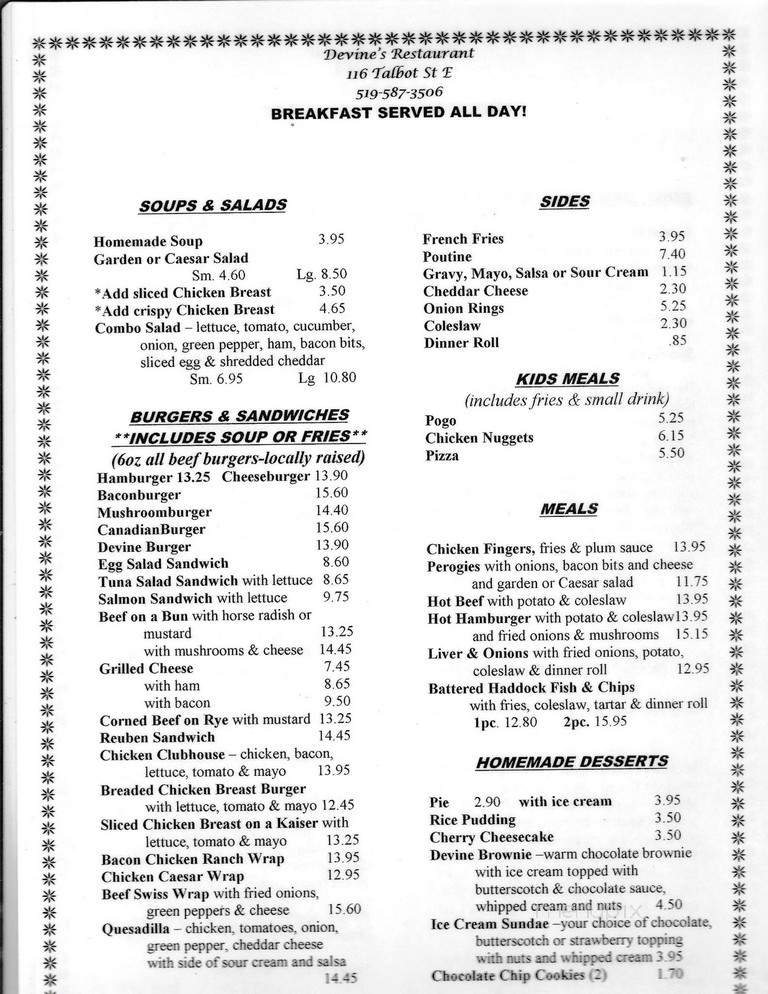 Devine's Restaurant - Jarvis, ON menu_pic