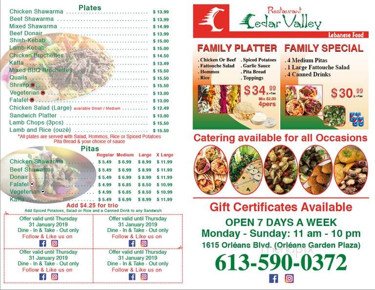 Cedar Valley Restaurant - Ottawa, ON menu_pic