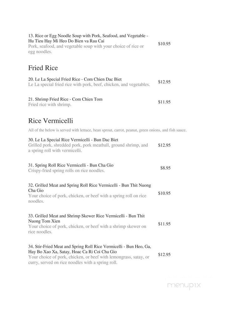 Le La Vietnamese Restaurant - Calgary, AB menu_pic