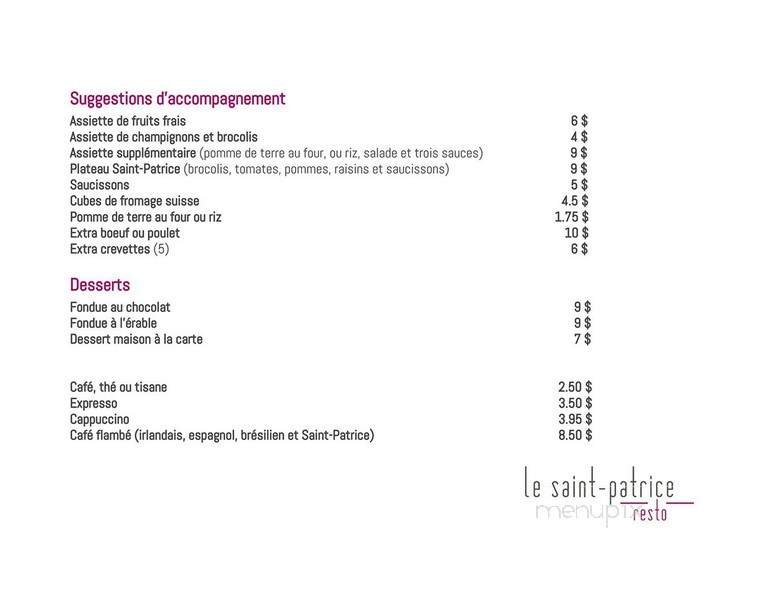 Restaurant Le Saint-Patrice - Riviere-Du-Loup, QC menu_pic