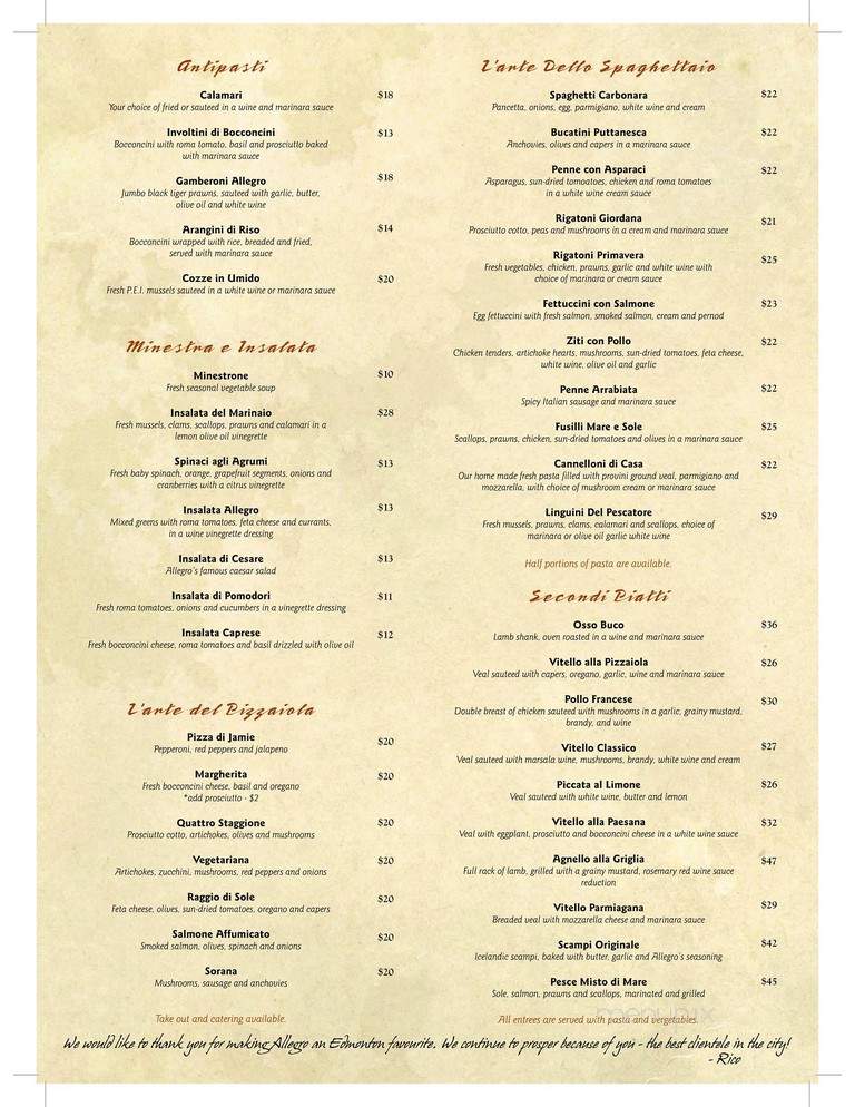 Allegro Italian Kitchen - Edmonton, AB menu_pic