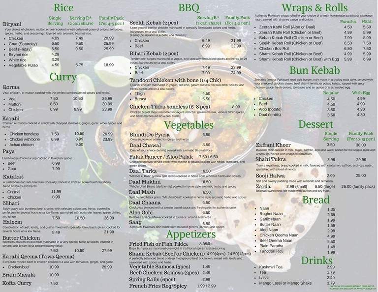 Zeerah - Mississauga, ON menu_pic