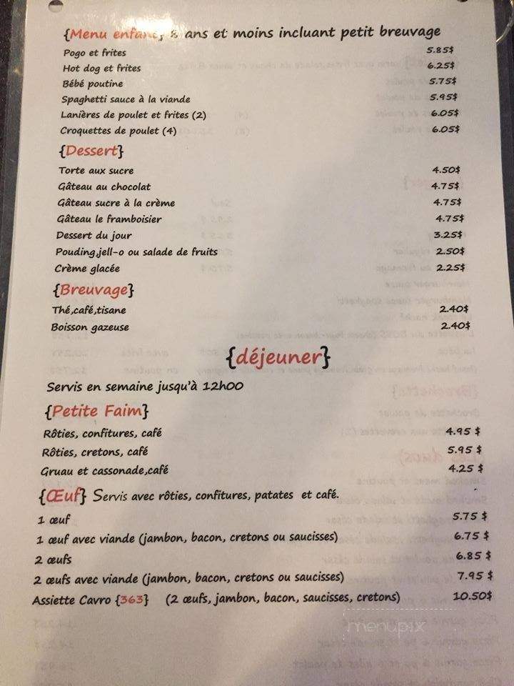 Restaurant Bar Motel Le Cavro - Saint-Ubalde, QC menu_pic
