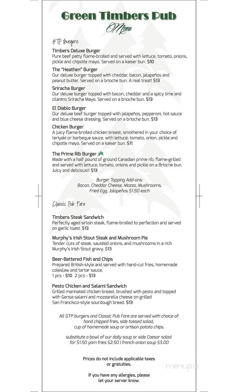 Green Timber Pub - Surrey, BC menu_pic
