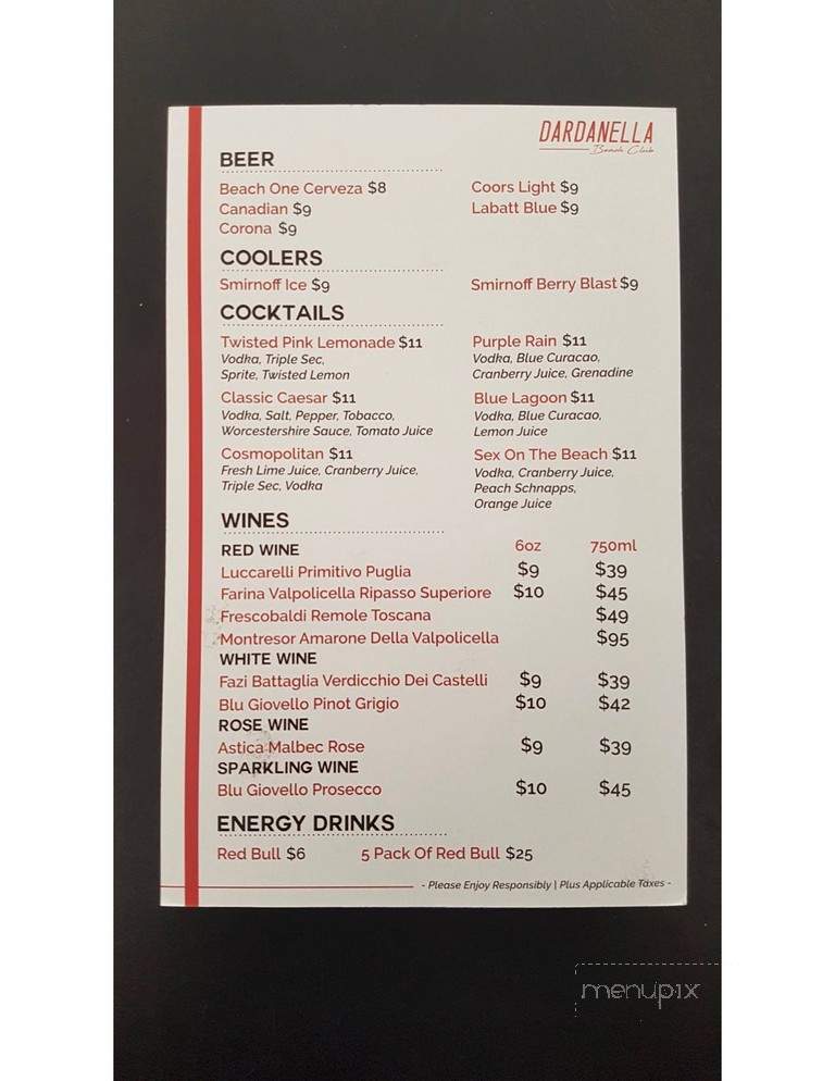 Dardanella Nightclub & Restaurant - Wasaga Beach, ON menu_pic