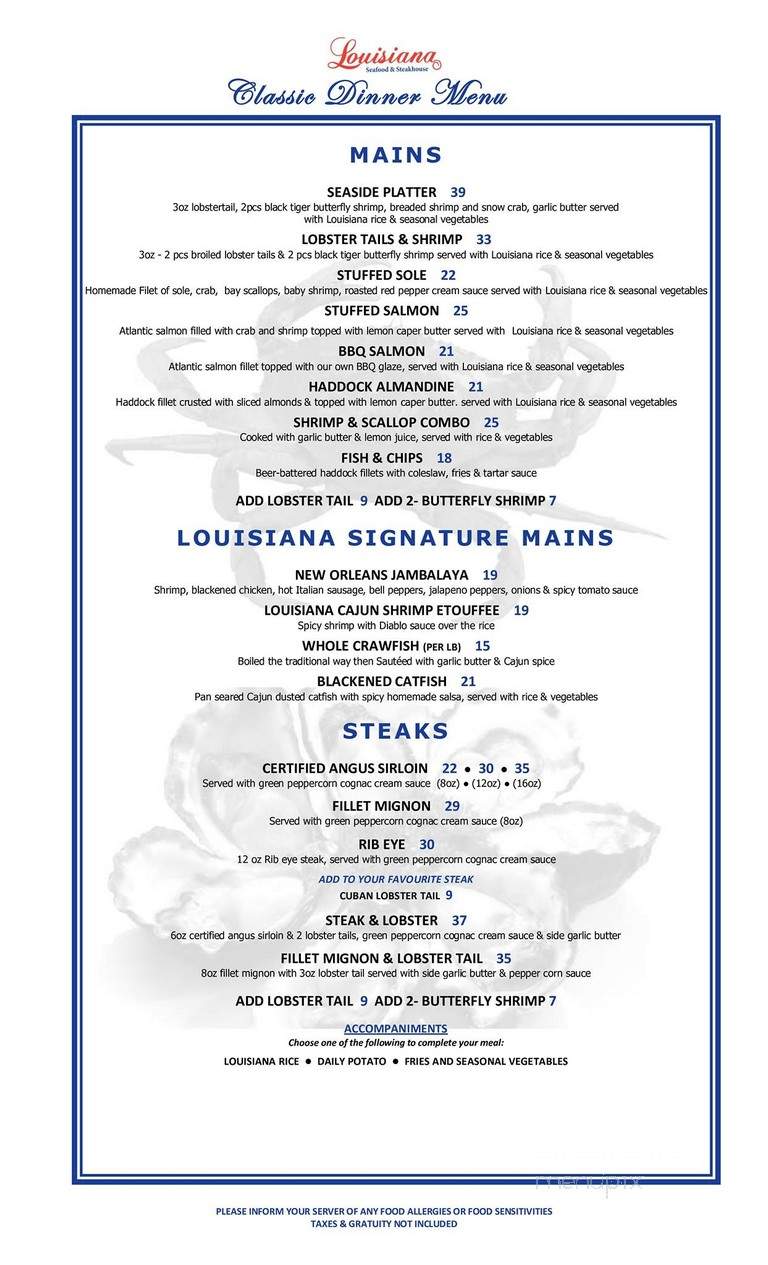 Louisiana Seafood Kitchen & Oyster Bar - Brampton, ON menu_pic