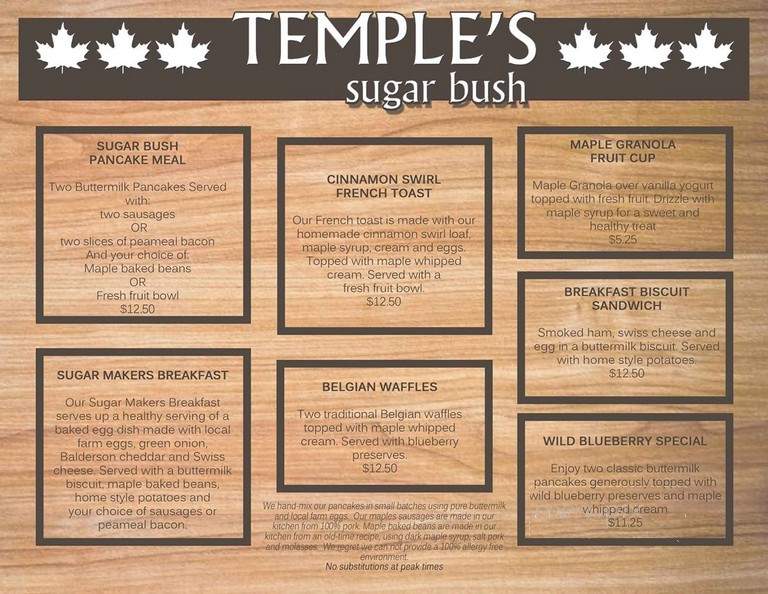 Temple's Sugar Camp Restaurant - Lanark, ON menu_pic