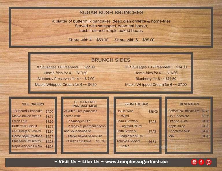 Temple's Sugar Camp Restaurant - Lanark, ON menu_pic