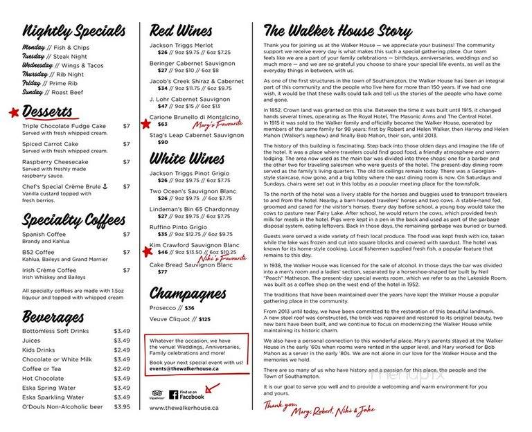 Walker House Restaurant - Southampton, ON menu_pic