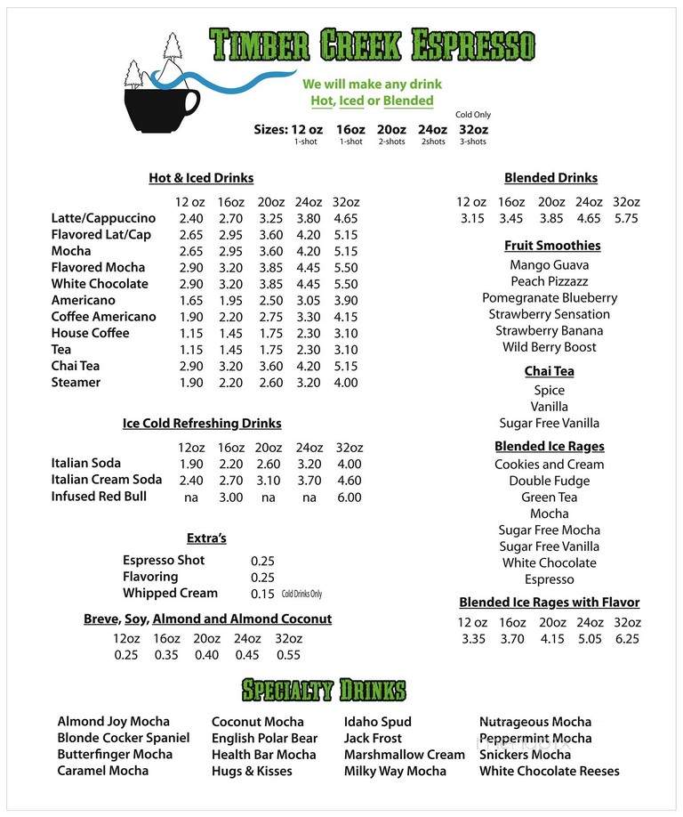 Timber Creek Espresso - Mountain Home, ID menu_pic