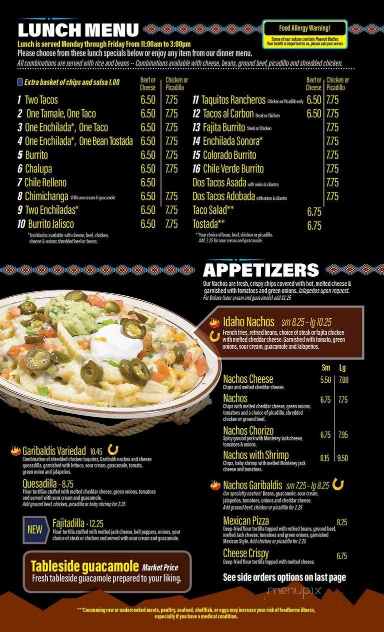 Menu Of Garibaldis Mexican Restaurant In Jerome Id 83338