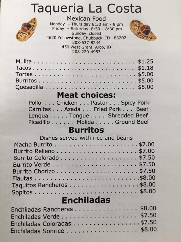 Taqueria La Costa - Pocatello, ID menu_pic