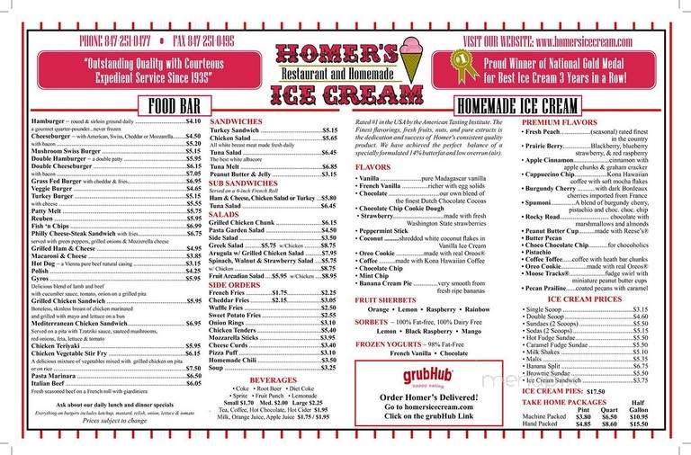 Homer's Restaurant & Ice Cream - Wilmette, IL menu_pic