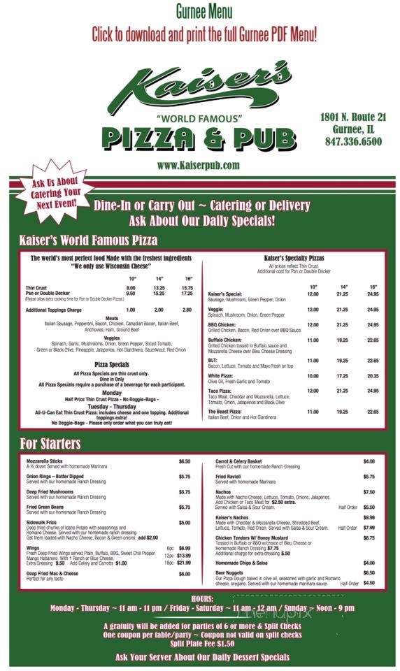 Kaiser's Pizza & Pub - Gurnee, IL menu_pic