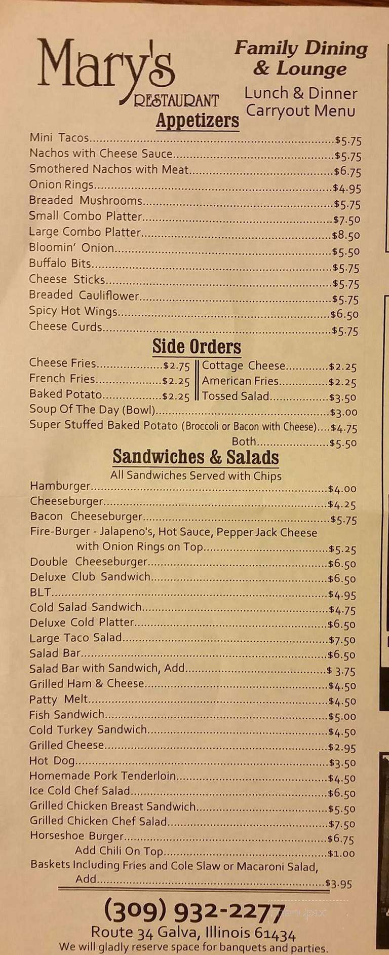 Mary's Family Dining & Lounge - Galva, IL menu_pic