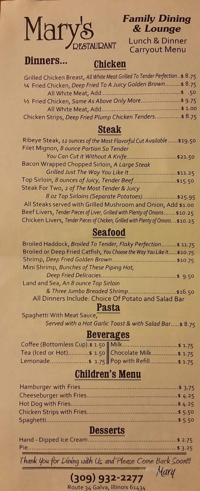 Mary's Family Dining & Lounge - Galva, IL menu_pic