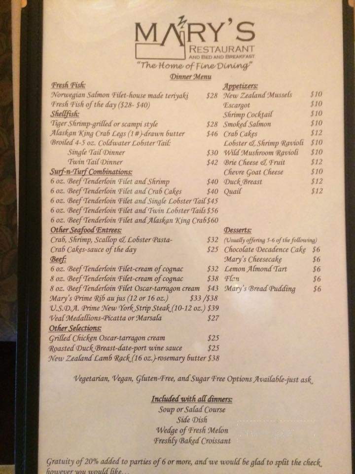 Mary's Restaurant & Bed - Herrin, IL menu_pic