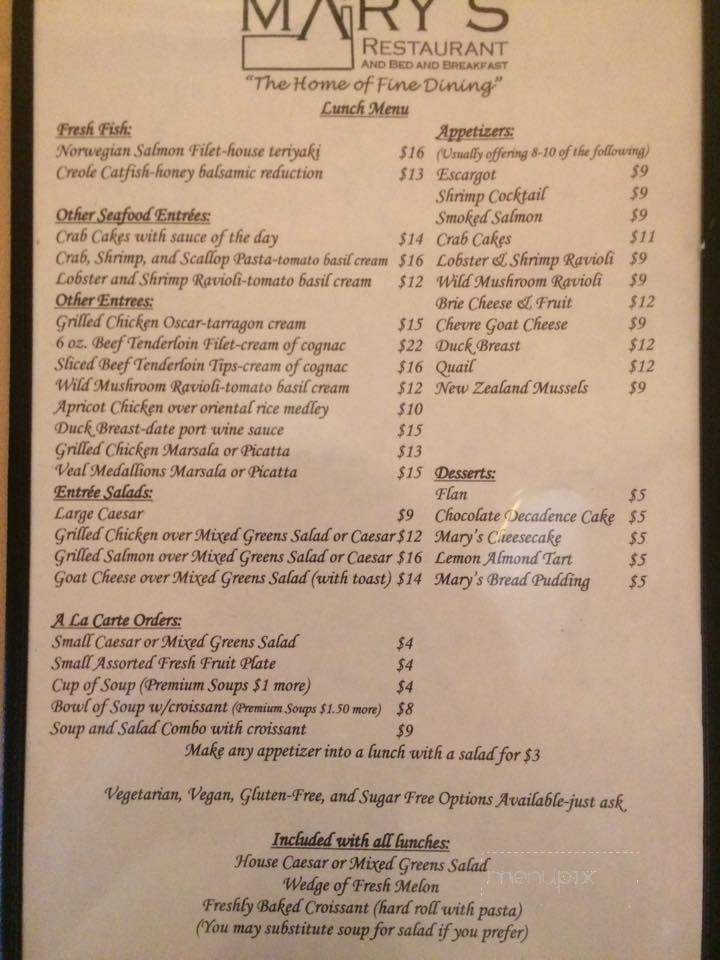 Mary's Restaurant & Bed - Herrin, IL menu_pic