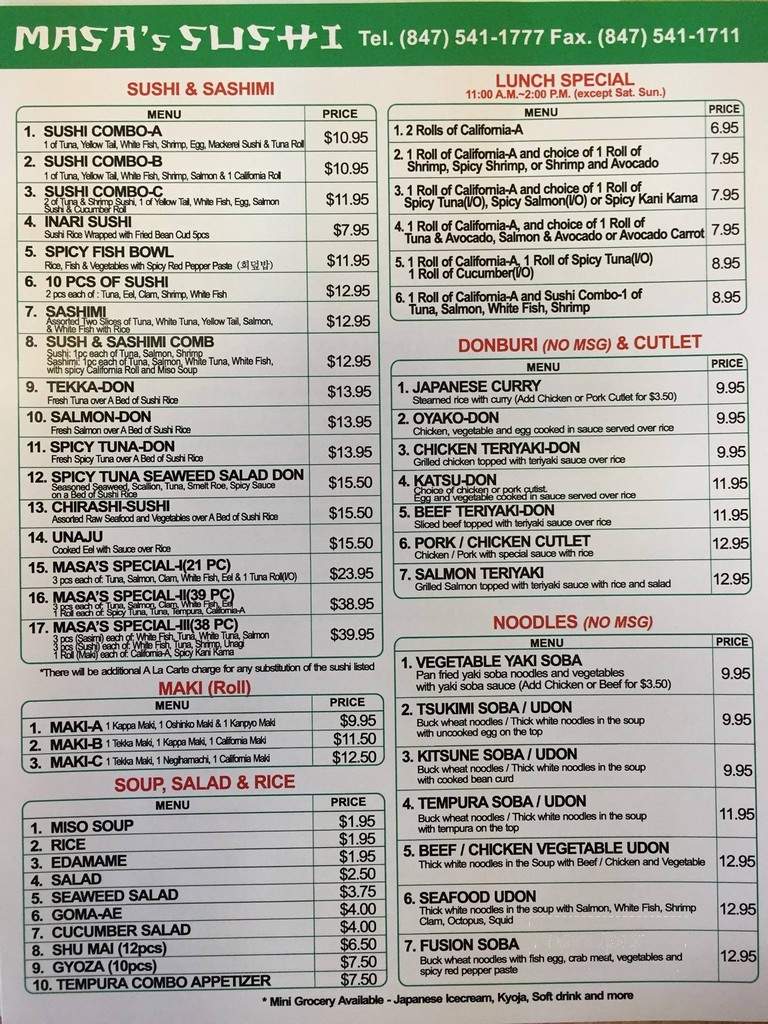 Masa's Sushi - Wheeling, IL menu_pic