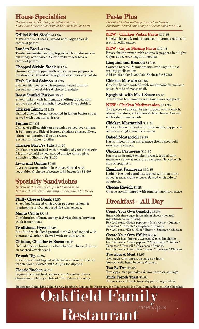Oakfield Family Restaurant - Winfield, IL menu_pic
