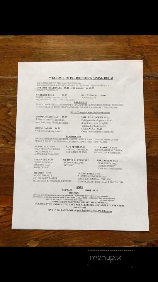 P L Johnson's Restaurant - Bishop Hill, IL menu_pic