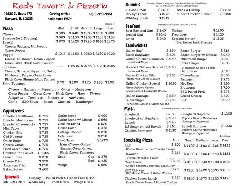 Red's Tavern & Pizzeria - Harvard, IL menu_pic