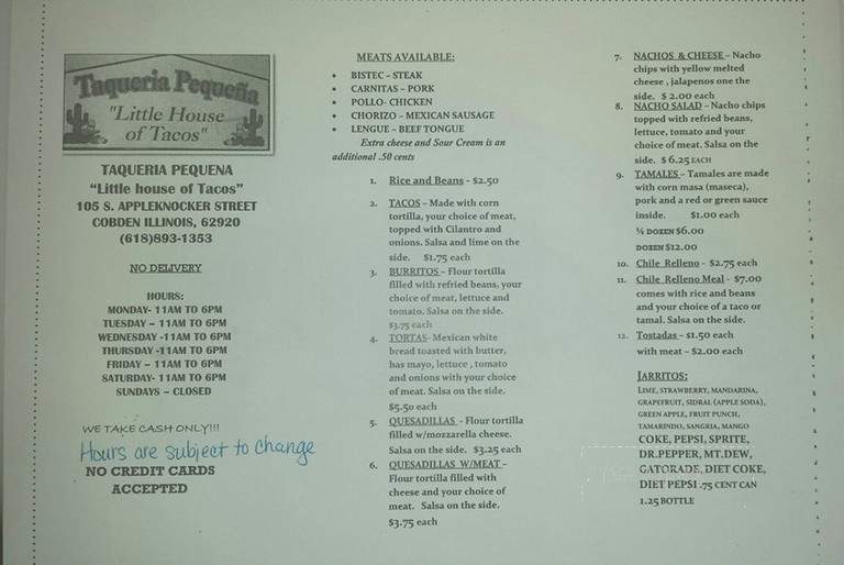 Taqueria Pequena - Cobden, IL menu_pic
