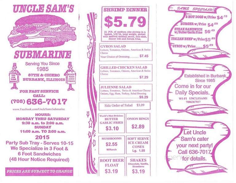 Uncle Sam's - Burbank, IL menu_pic