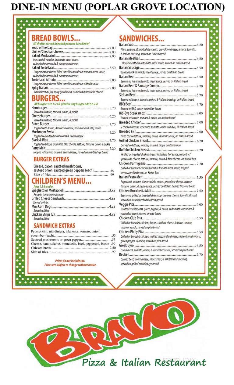 Bravo Pizza & Italian Restaurant - Poplar Grove, IL menu_pic