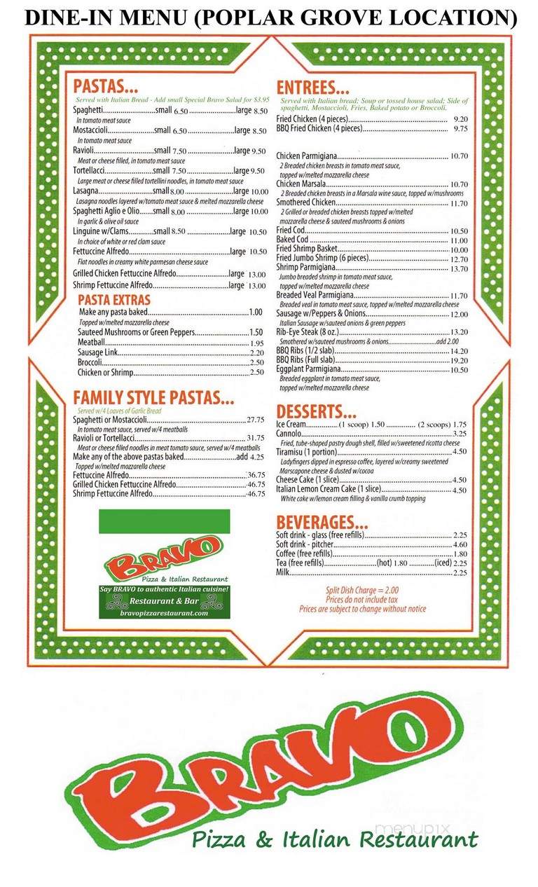 Bravo Pizza & Italian Restaurant - Poplar Grove, IL menu_pic