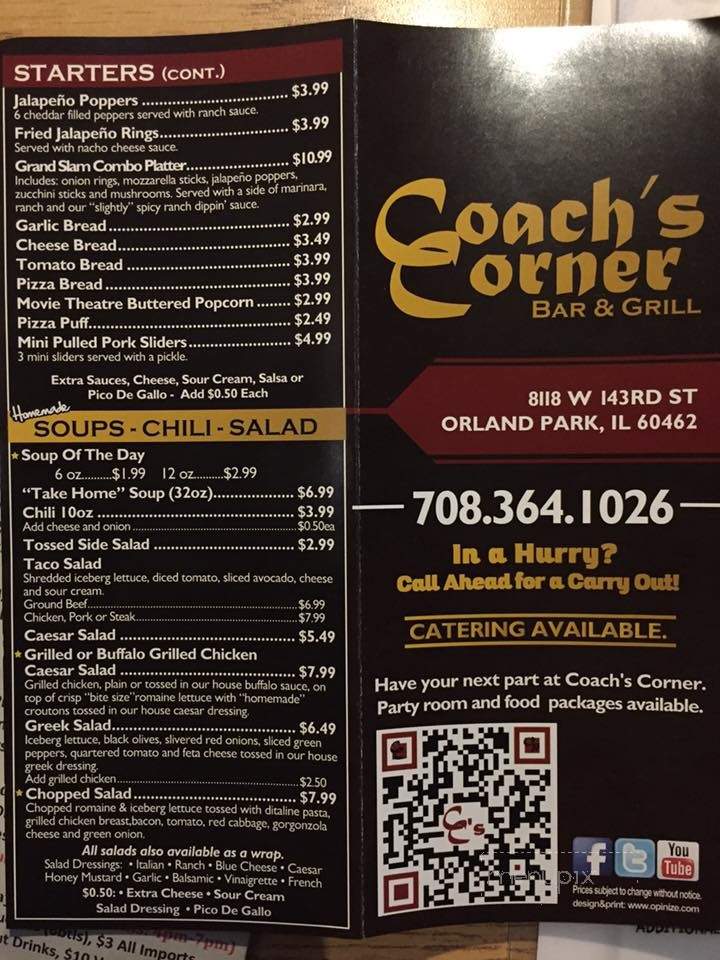 Coache's Corner - Orland Park, IL menu_pic