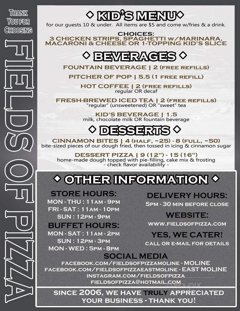 Fields Of Pizza - East Moline, IL menu_pic