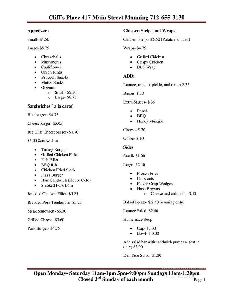 Cliffs Place - Manning, IA menu_pic