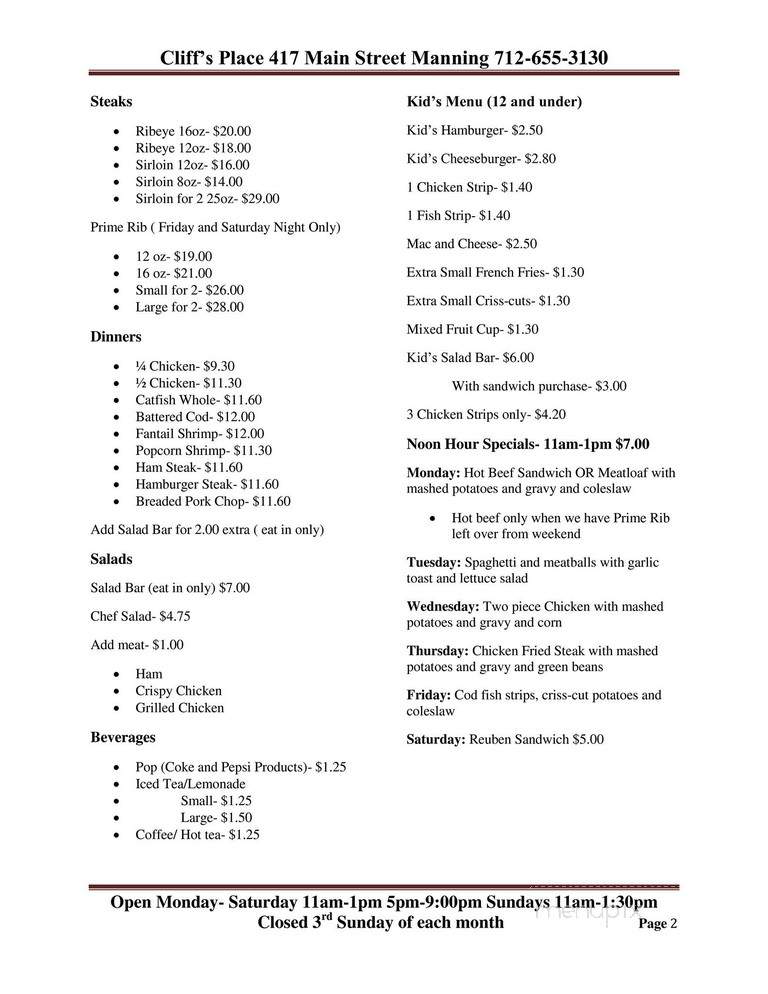 Cliffs Place - Manning, IA menu_pic