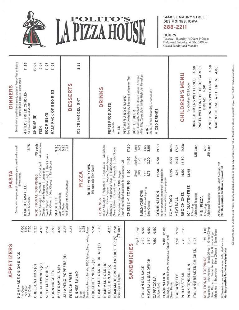 La Pizza House - Des Moines, IA menu_pic