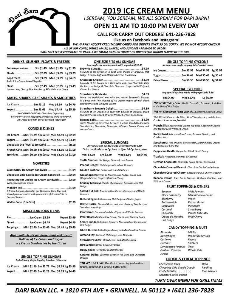 Dairy Barn - Grinnell, IA menu_pic
