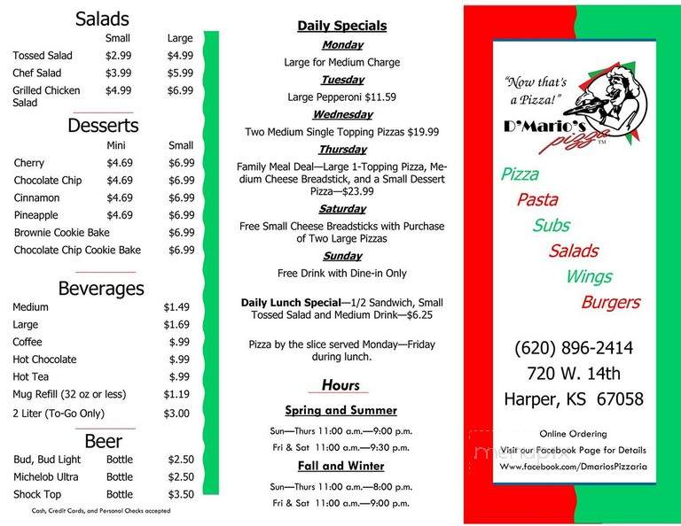 D'Mario's Pizza - Harper, KS menu_pic