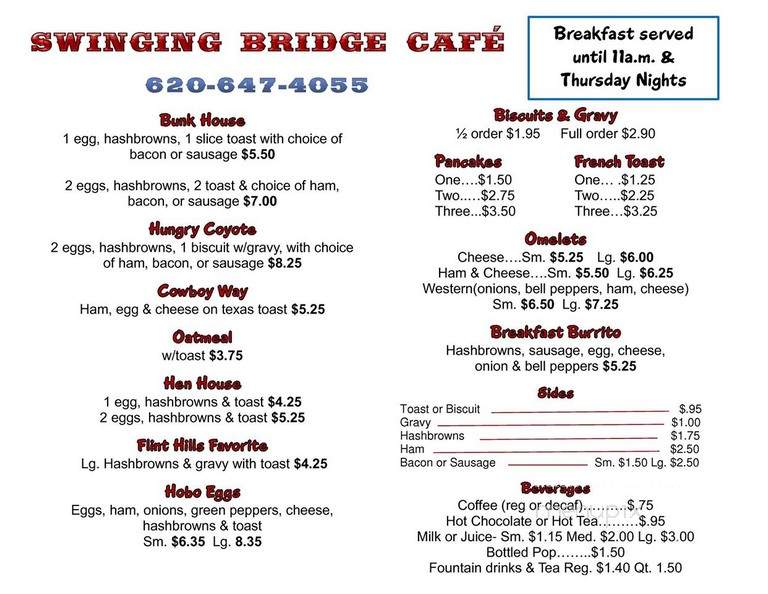 Swinging Bridge Cafe - Moline, KS menu_pic