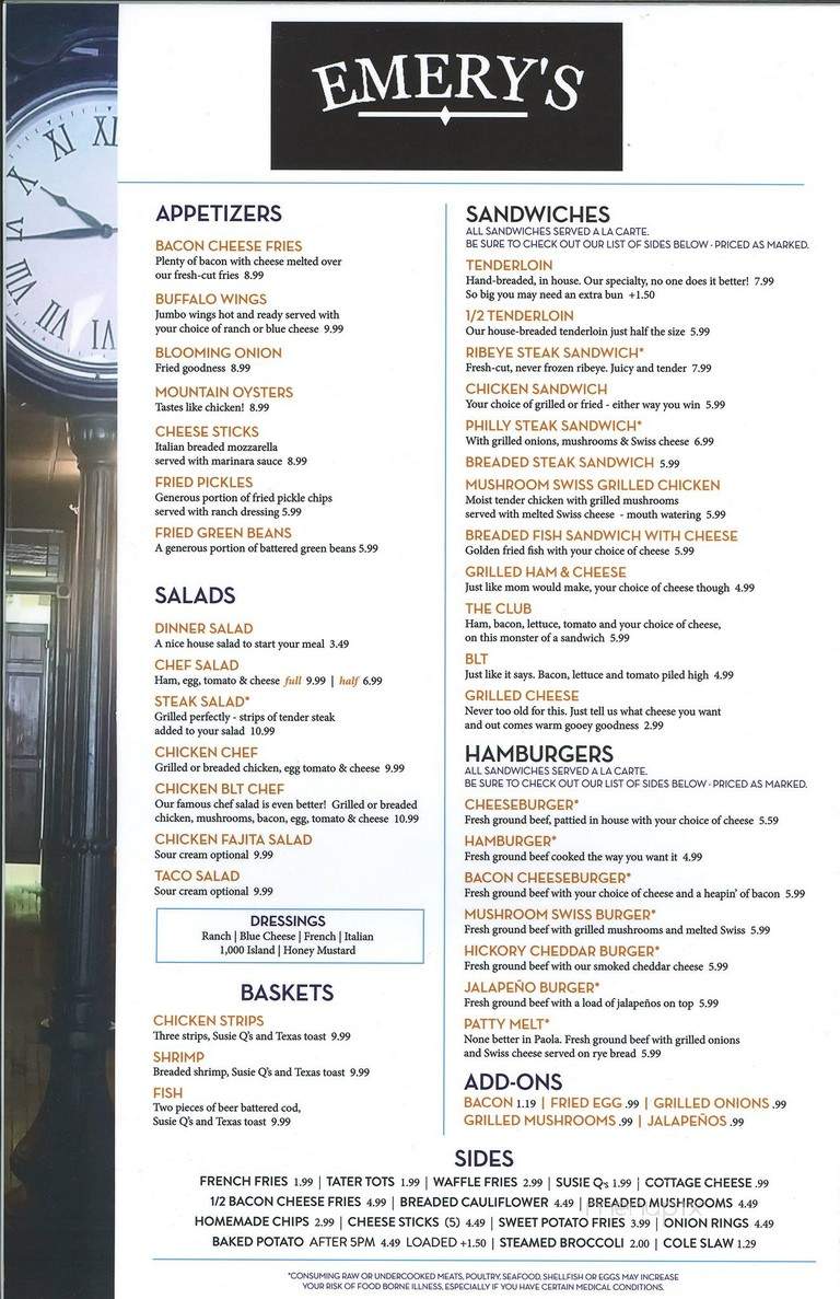 Emery Steakhouse - Paola, KS menu_pic