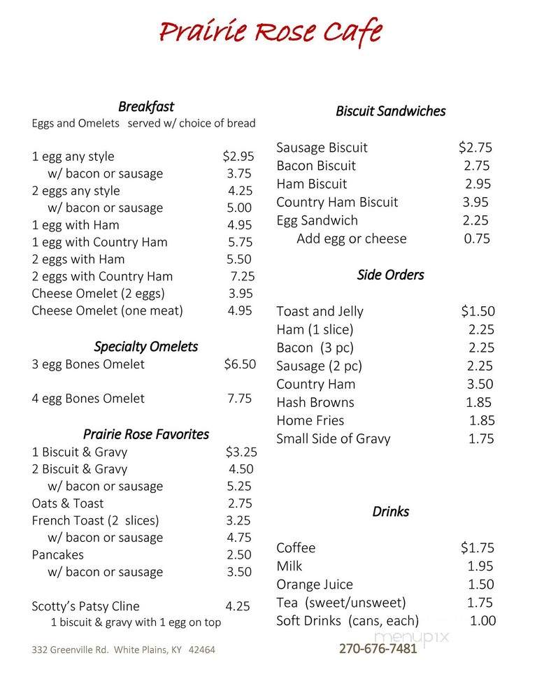 Prairie Rose Cafe - White Plains, KY menu_pic